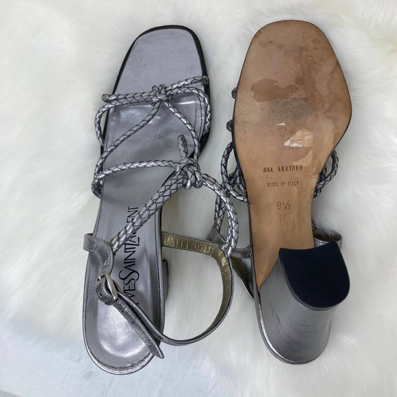 Yves Saint Laurent Braided Leather Silver Chunky Heel Open Toe Sandal 9.5N - Picture 6 of 9